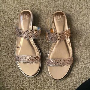 Sparkly Rose gold sandals - by JLO.  Flat and comfortable - they add pizzazz!